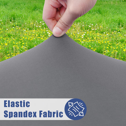 Moosfor round spandex tablecloth with wrap-around edges resists wind and shifting.