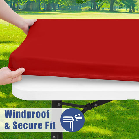 Moosfor Spandex 6ft rectangle tablecloth waterproof surface beads liquids for easy cleanup