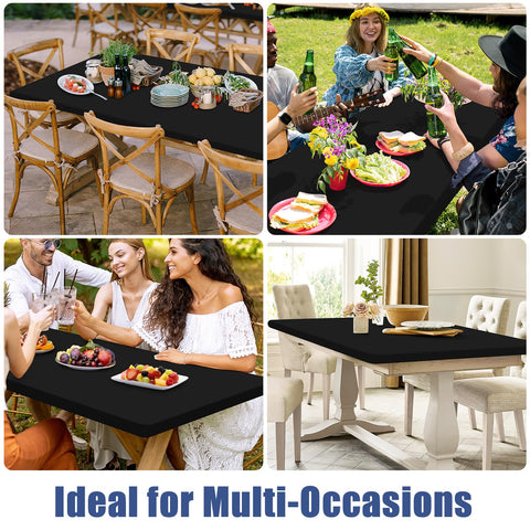 Moosfor Spandex tablecloth black 30x96 on outdoor table.
