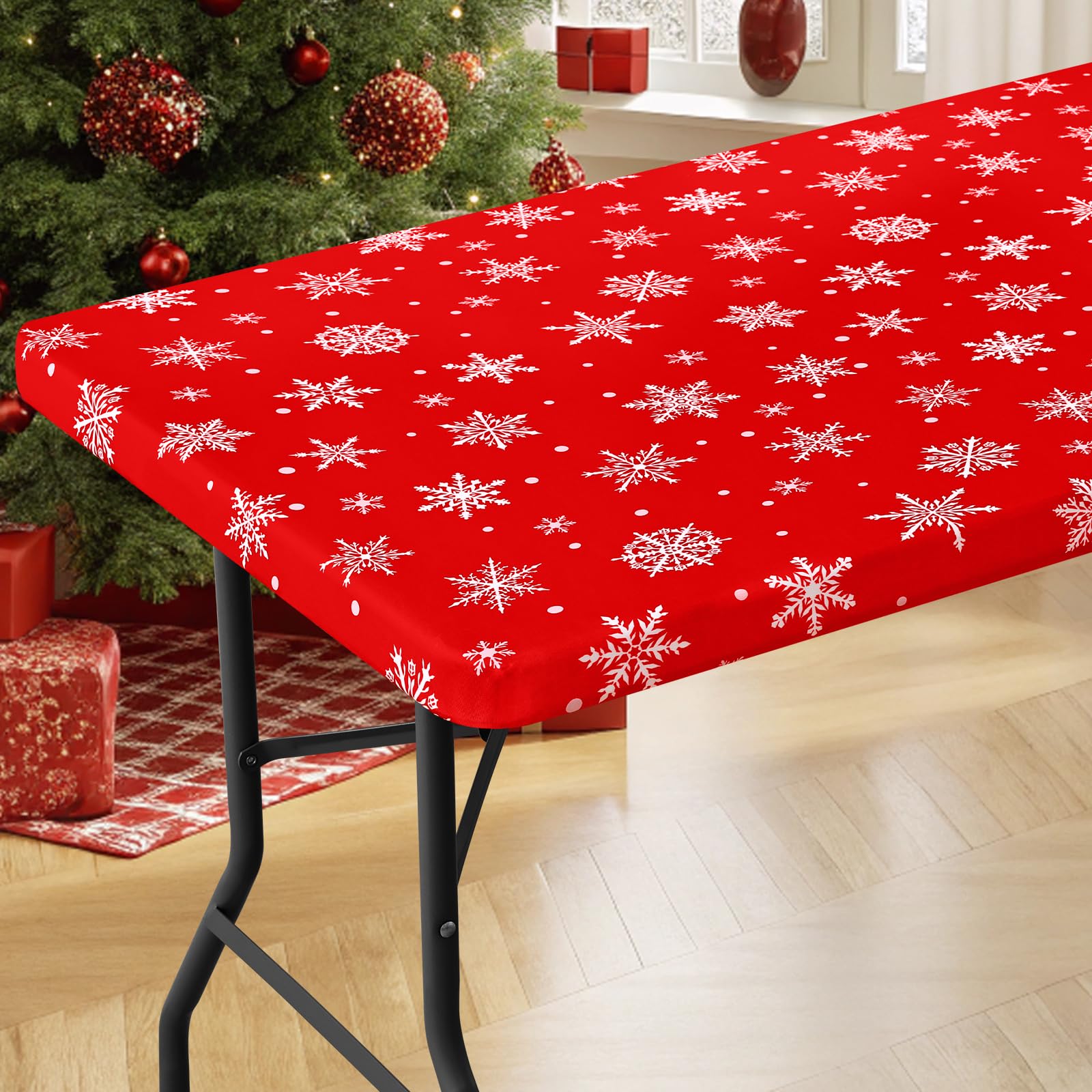 Moosfor spandex tablecloth with dot snowflake pattern protects table and cleans easily