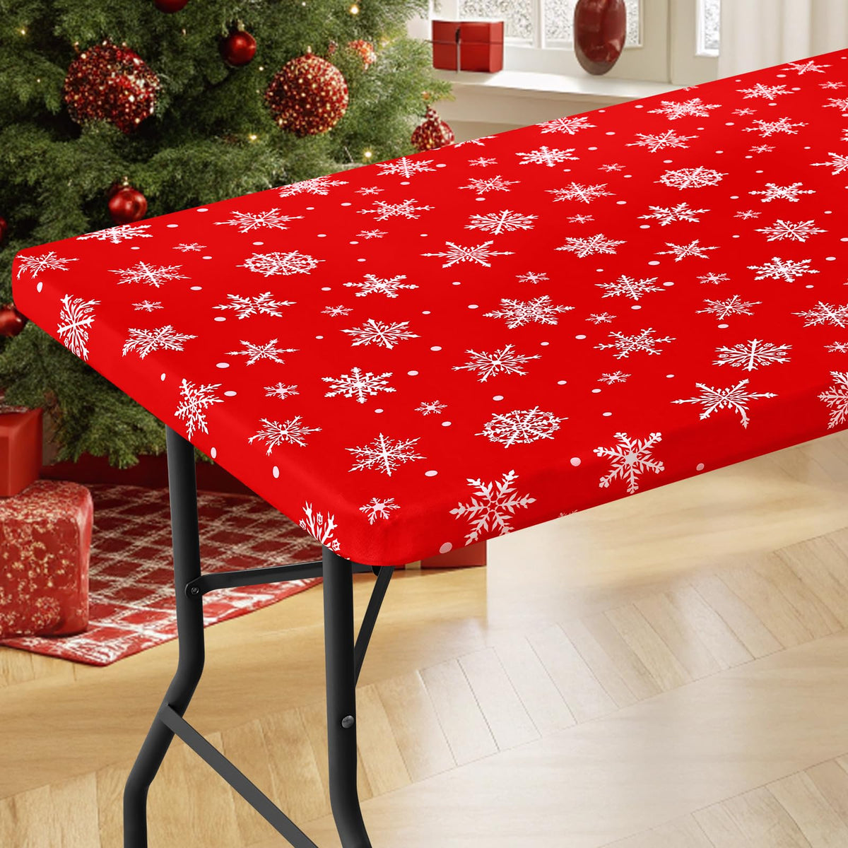 Moosfor spandex tablecloth with dot snowflake pattern protects table and cleans easily