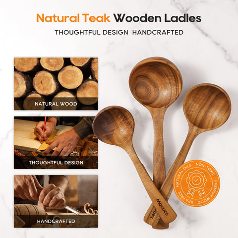 Mooues teak ladle with back hook resting on pot edge.
