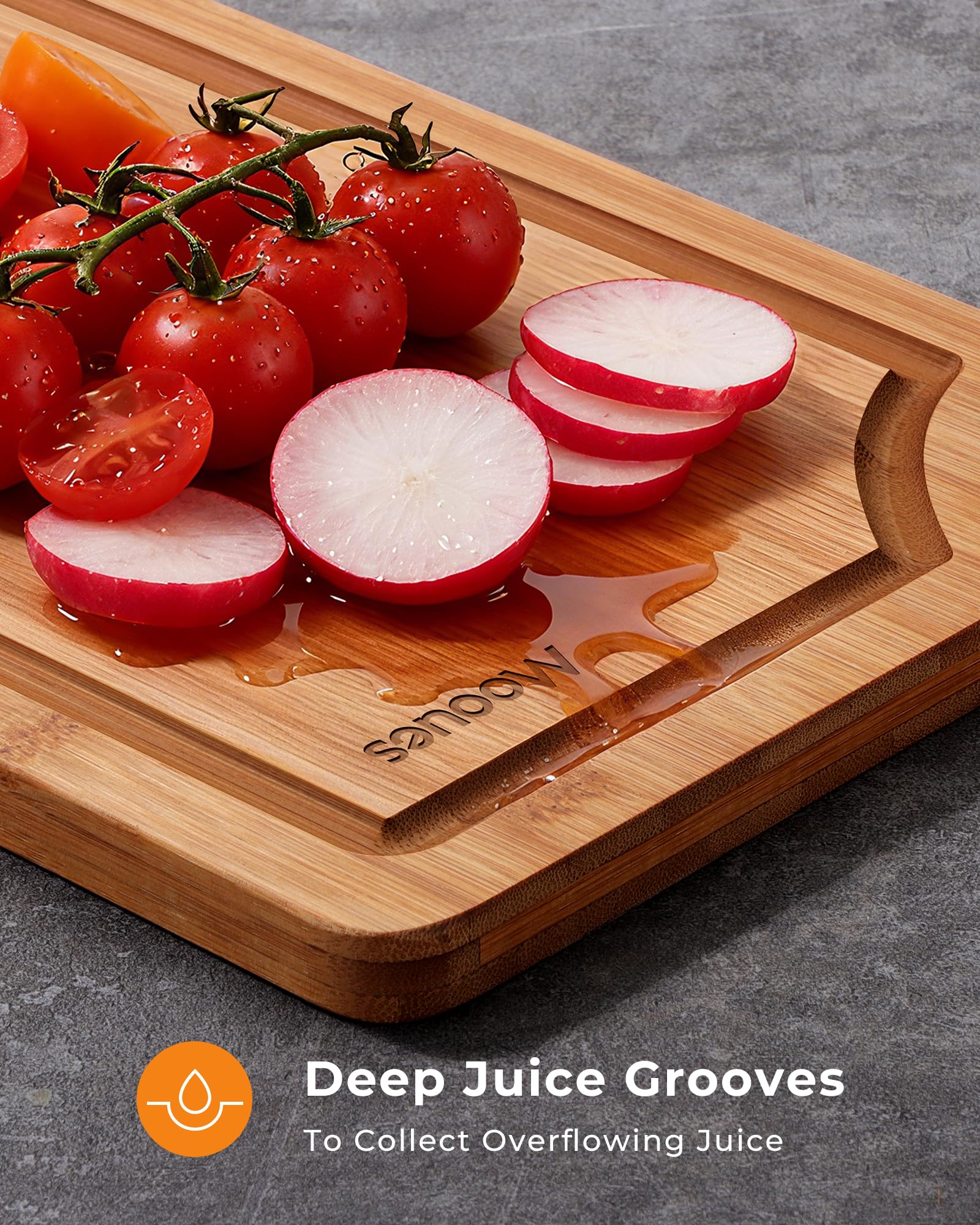 Mooues bamboo board hanging holes for convenient storage.