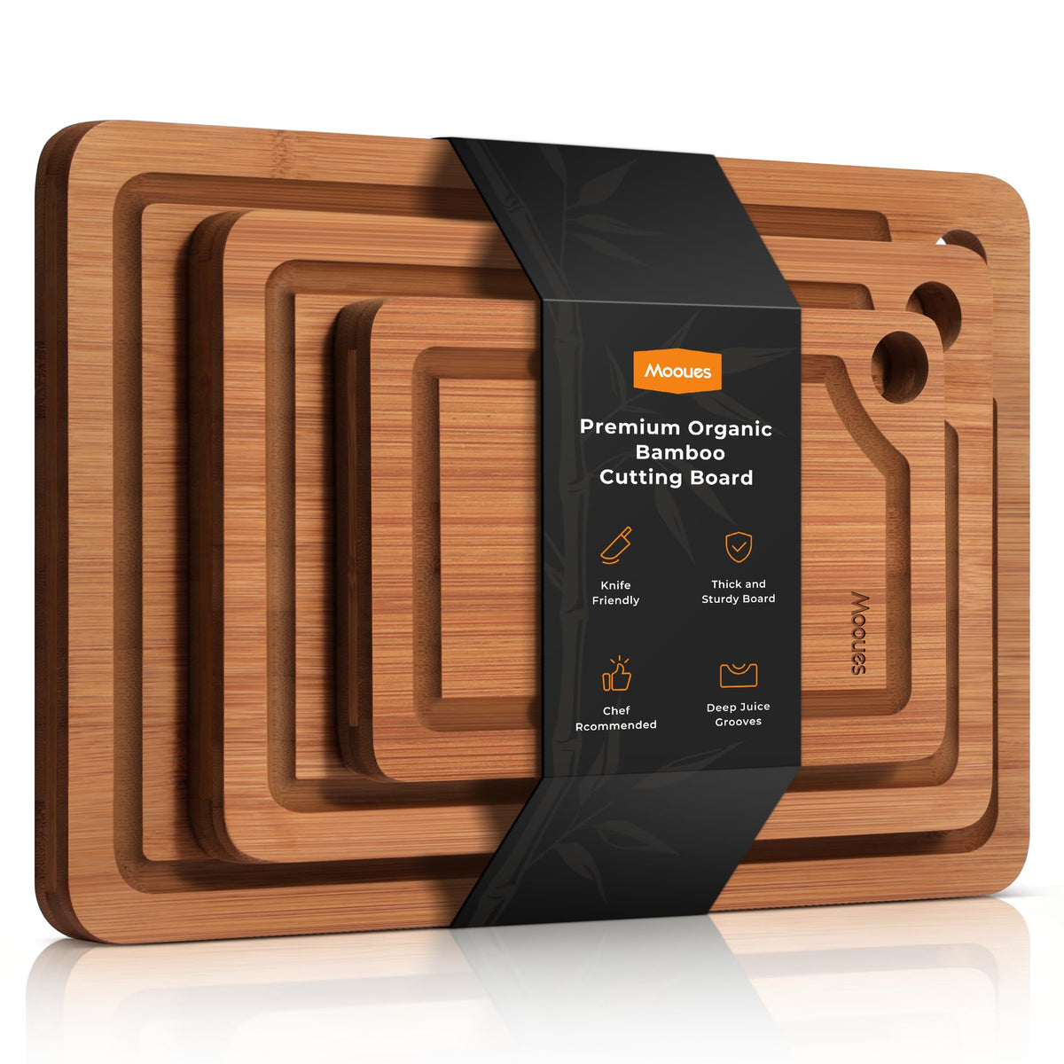 Mooues large 15x10 bamboo cutting board with knife-friendly surface for easy chopping.