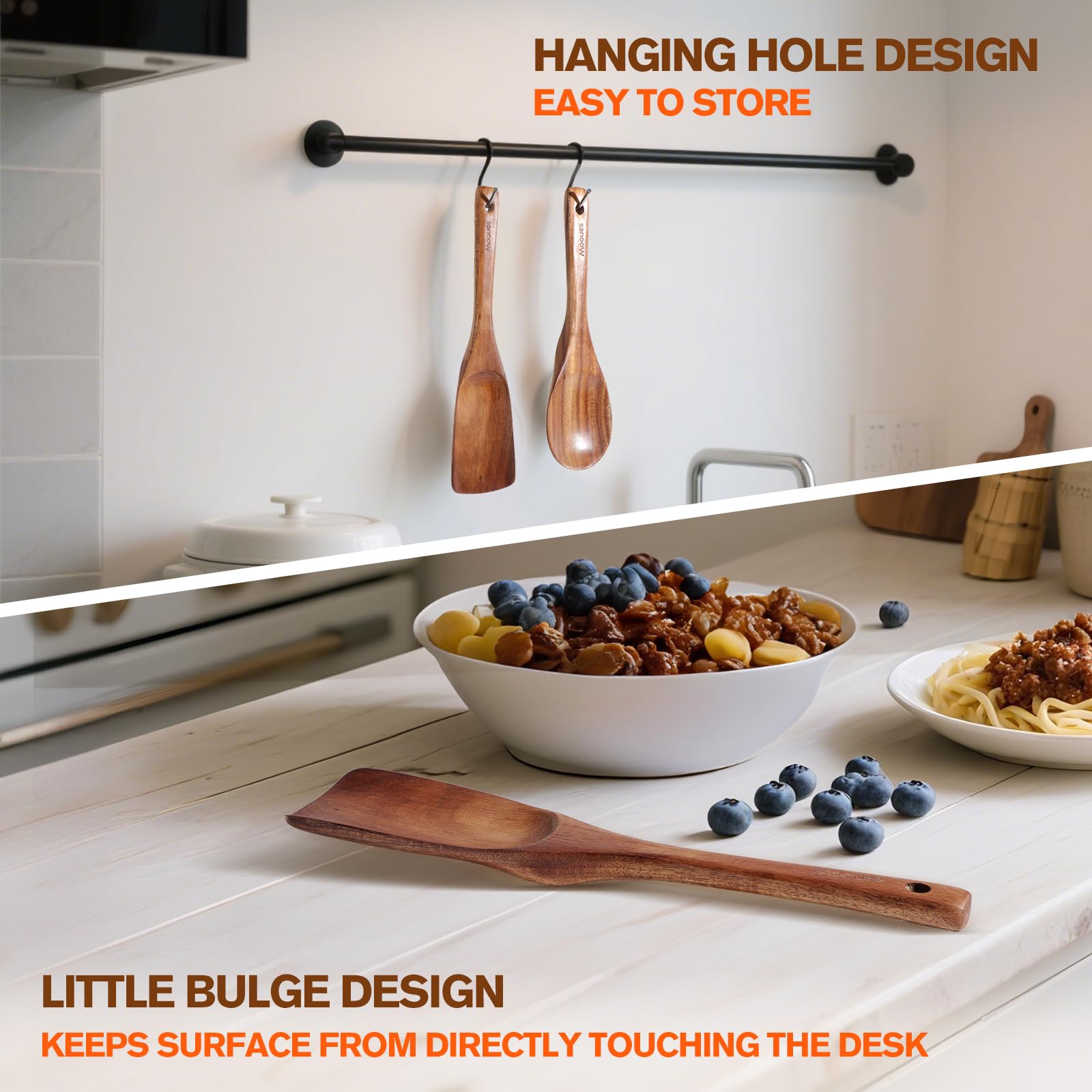 Mooues easy-clean teak spoon cleans quickly with warm water after cooking.
