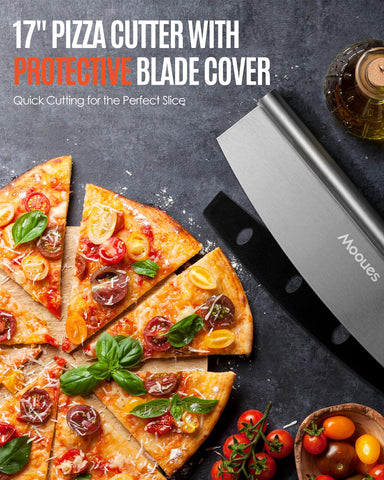 Mooues rocker cutter blade helps slice pizza neatly.
