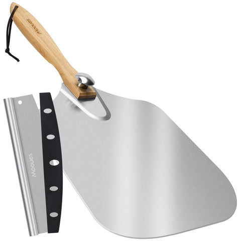Mooues aluminum pizza peel surface with 17-inch reach for easy transfers.