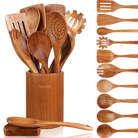 Mooues teak spoon set with flat spatula for durable cooking and even stirring