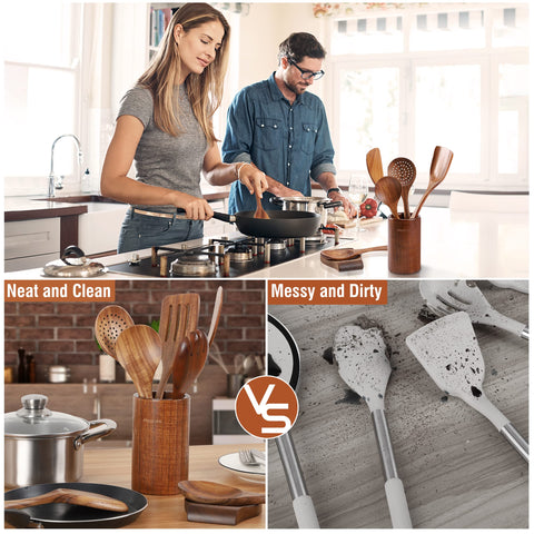 Mooues teak spoon holder rest keeps countertops tidy and organized