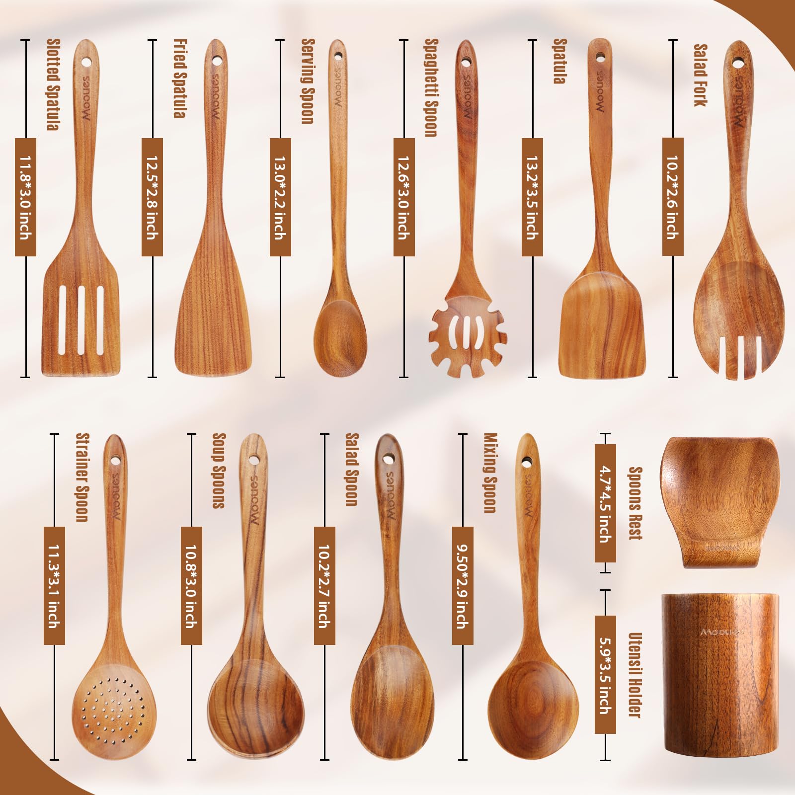 Mooues teak spoon with slotted spatula for draining liquids while cooking