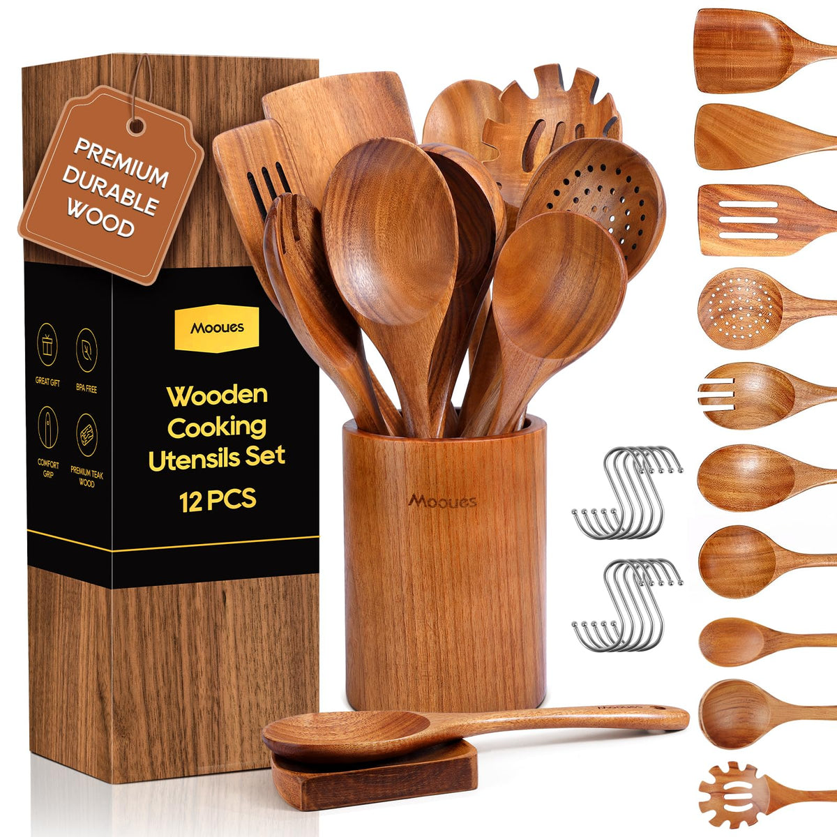 Mooues 12pc teak spoons set in use for smooth stirring and even heat control