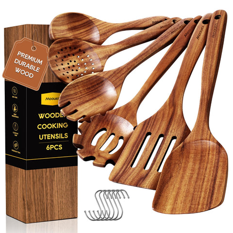 Mooues teak wooden spoons with hanging hooks for organized storage.