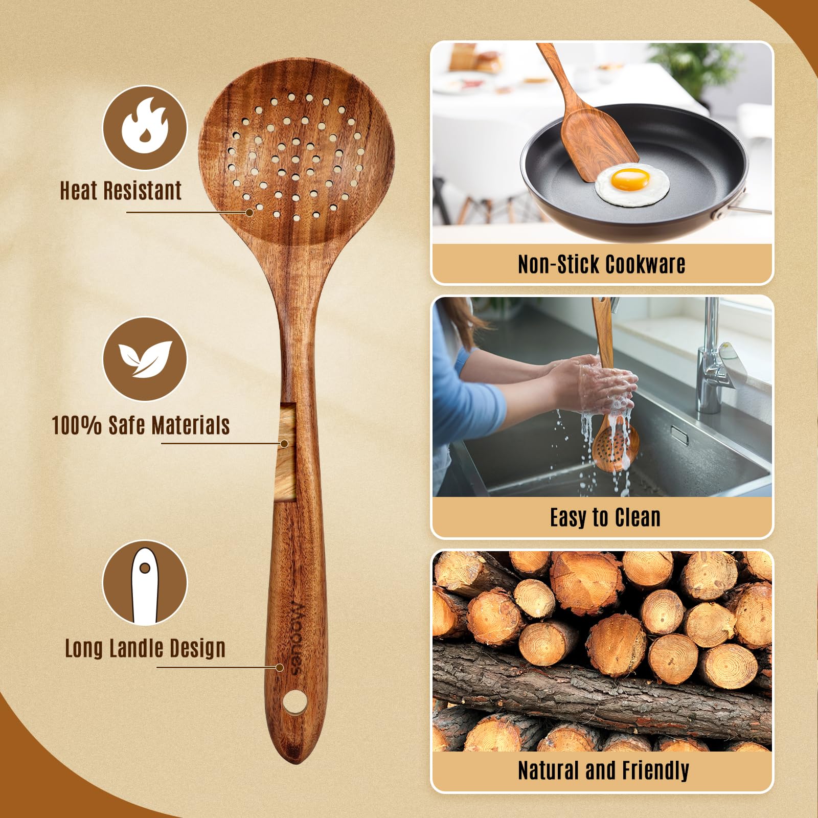 Mooues teak spoons handle closeup highlights smooth finish