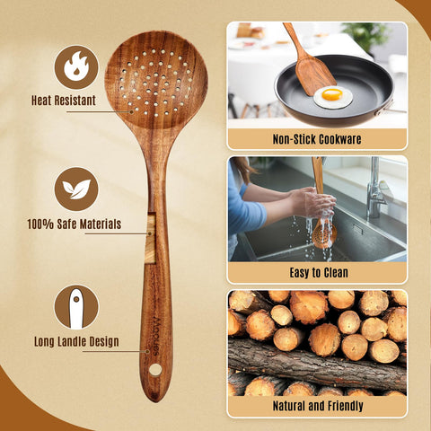 Mooues teak spoons handle closeup highlights smooth finish