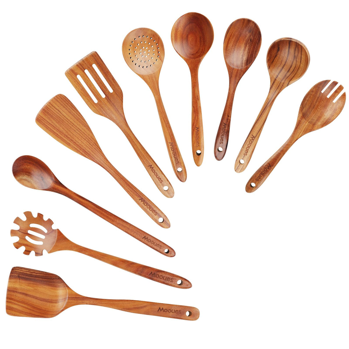 Mooues teak spoons set full view shows durable natural teak for everyday cooking