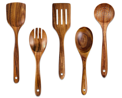 Mooues teak wooden spoons set top view, durable daily cooking tools.