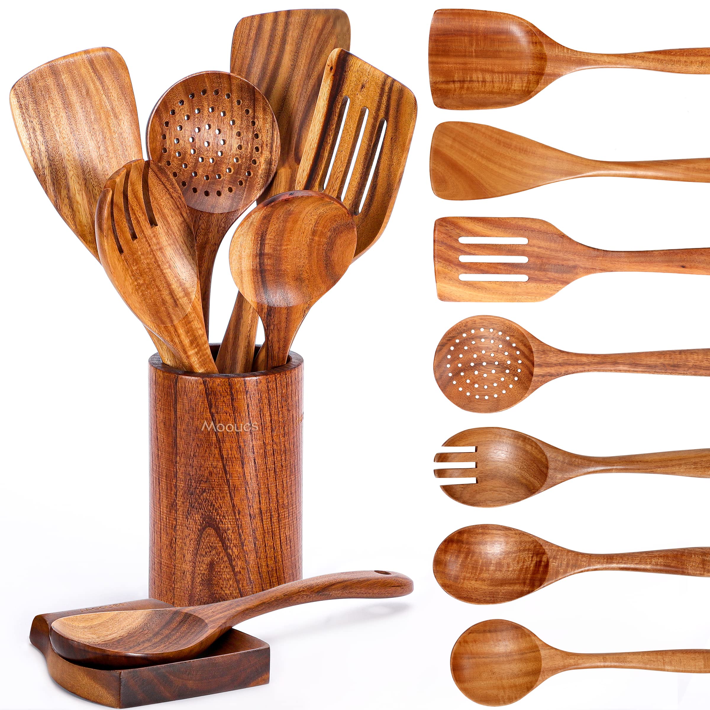 Mooues teak utensil set with spoon rest on counter for organized cooking