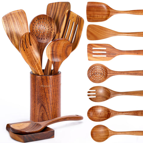 Mooues teak utensil set with spoon rest on counter for organized cooking