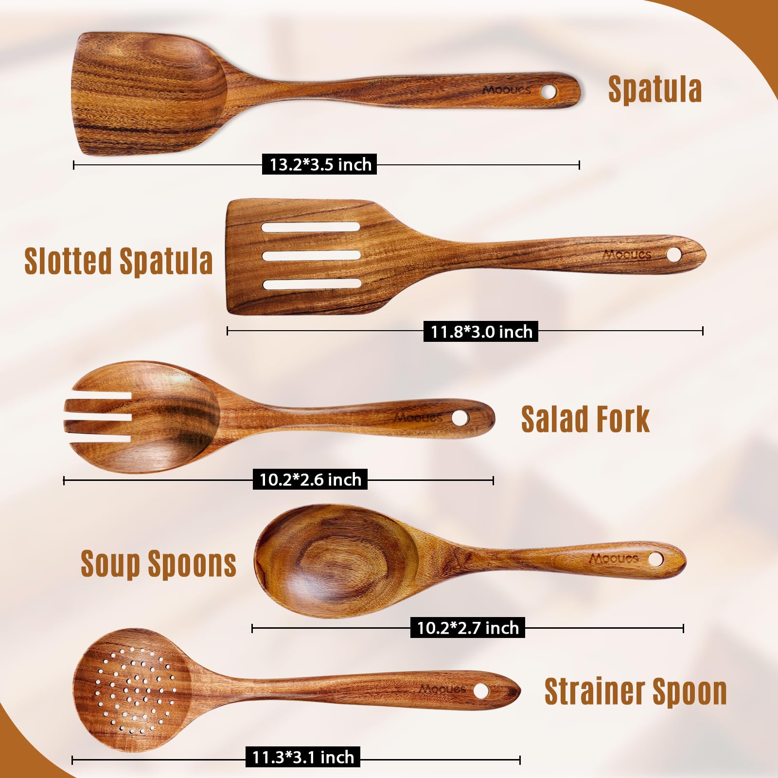 Mooues wooden utensils with smooth sanded finish protects cookware.