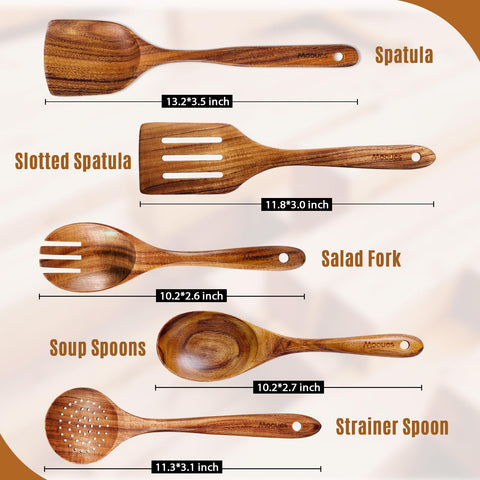 Mooues wooden utensils with smooth sanded finish protects cookware.