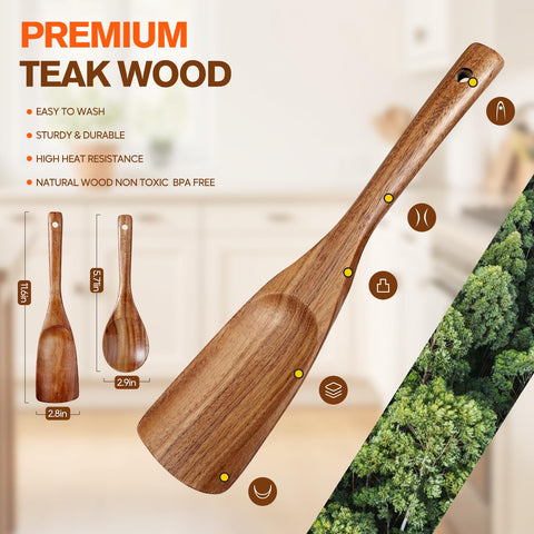 Mooues teak wood spatula with ergonomic handle for comfortable cooking.
