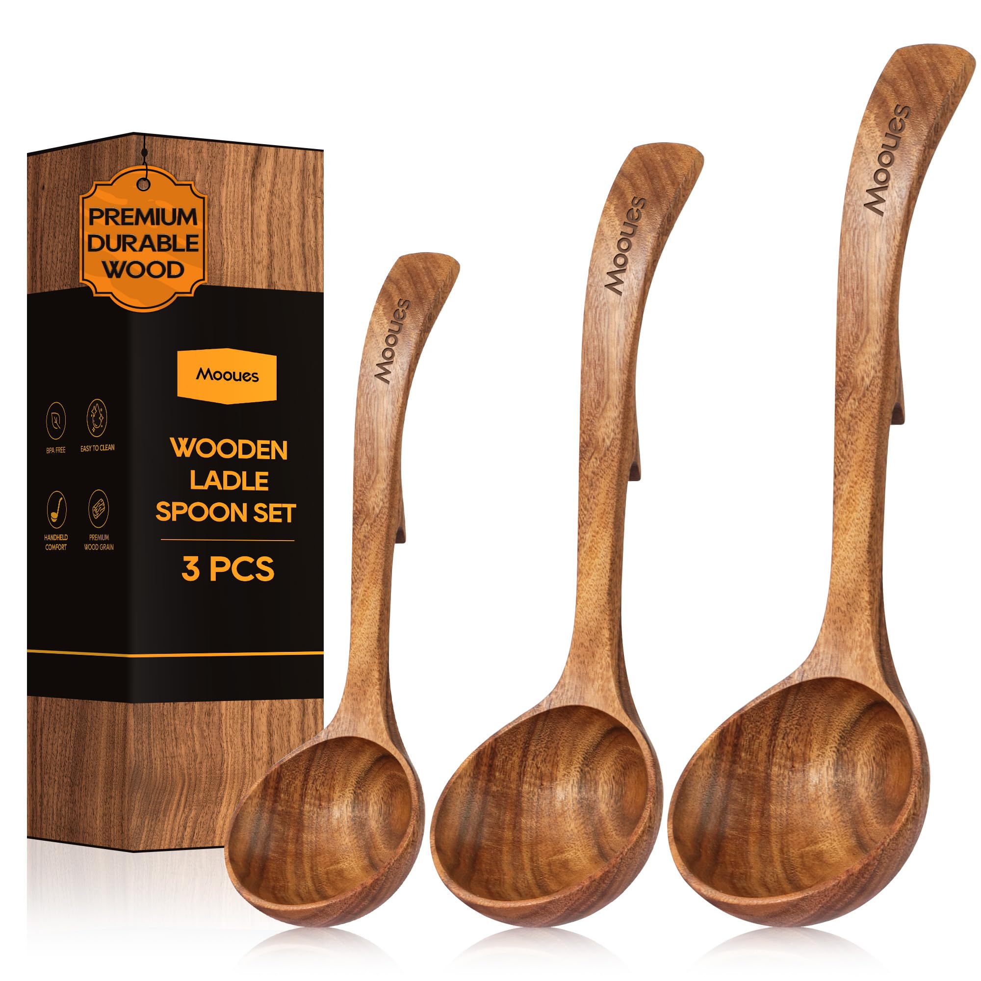 Mooues teak ladle 10.6-inch in action, safe for non-stick cookware.