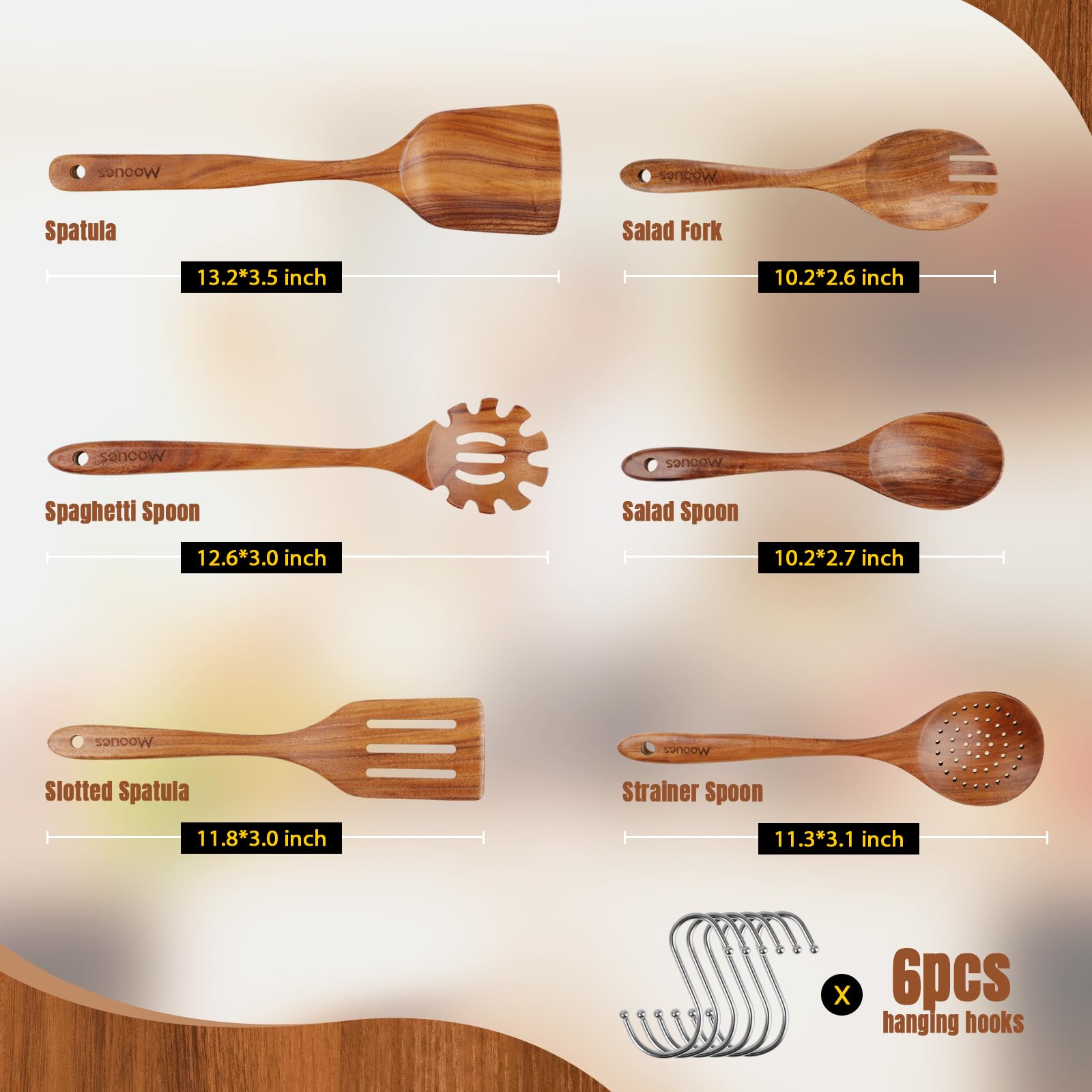 Mooues teak wooden spoons with ergonomic grip for comfortable cooking.