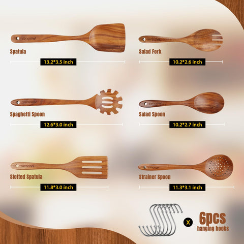 Mooues teak wooden spoons with ergonomic grip for comfortable cooking.
