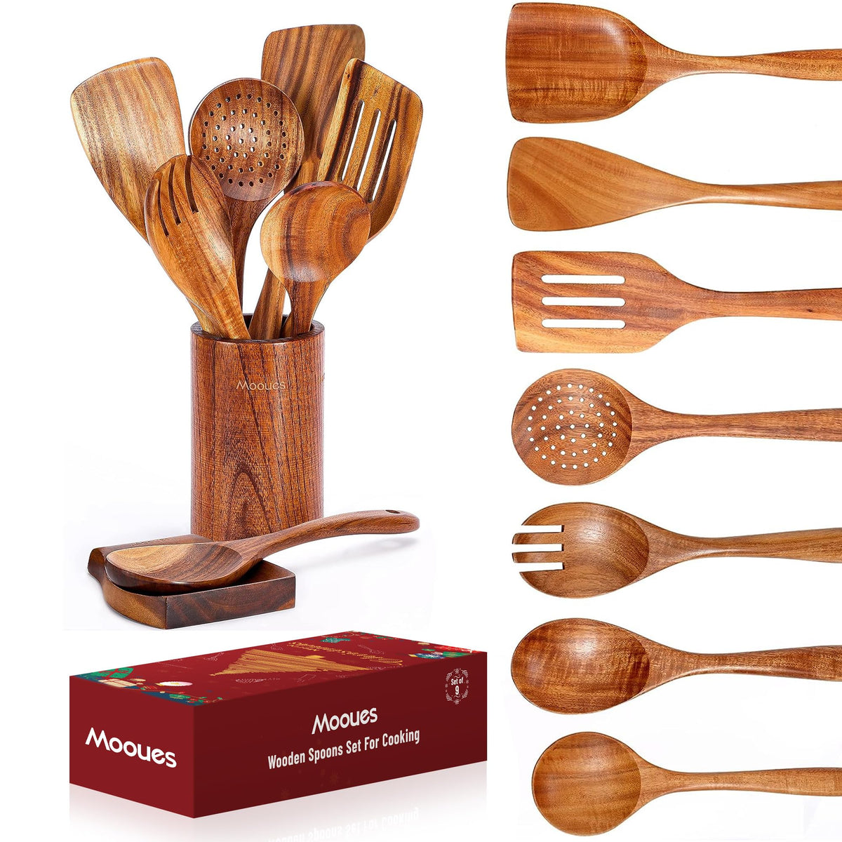 Mooues teak wooden spoons set on countertop showcasing durable natural finish for daily cooking.
