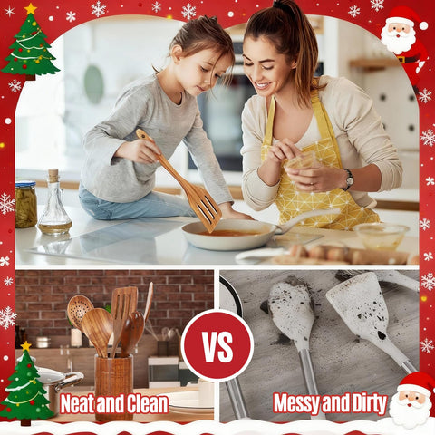 Mooues wooden utensils set showing varied tools for versatile kitchen tasks.
