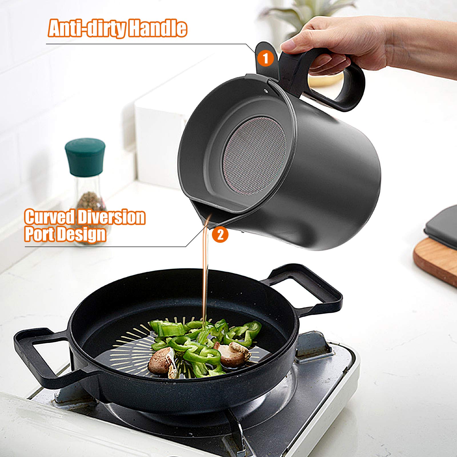 Morden MS bacon grease container with removable mesh strainer.