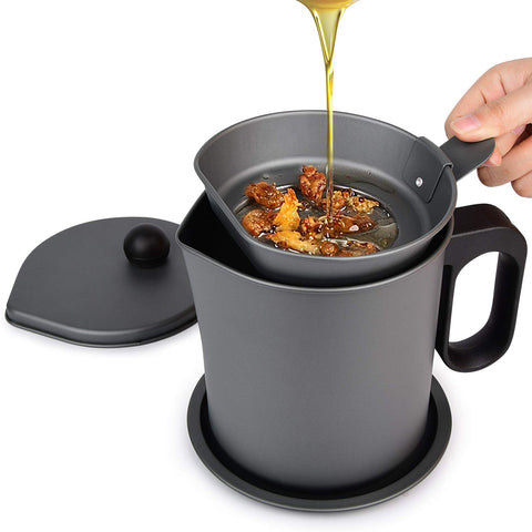 Morden MS bacon grease container with strainer for easy storage and filtration.