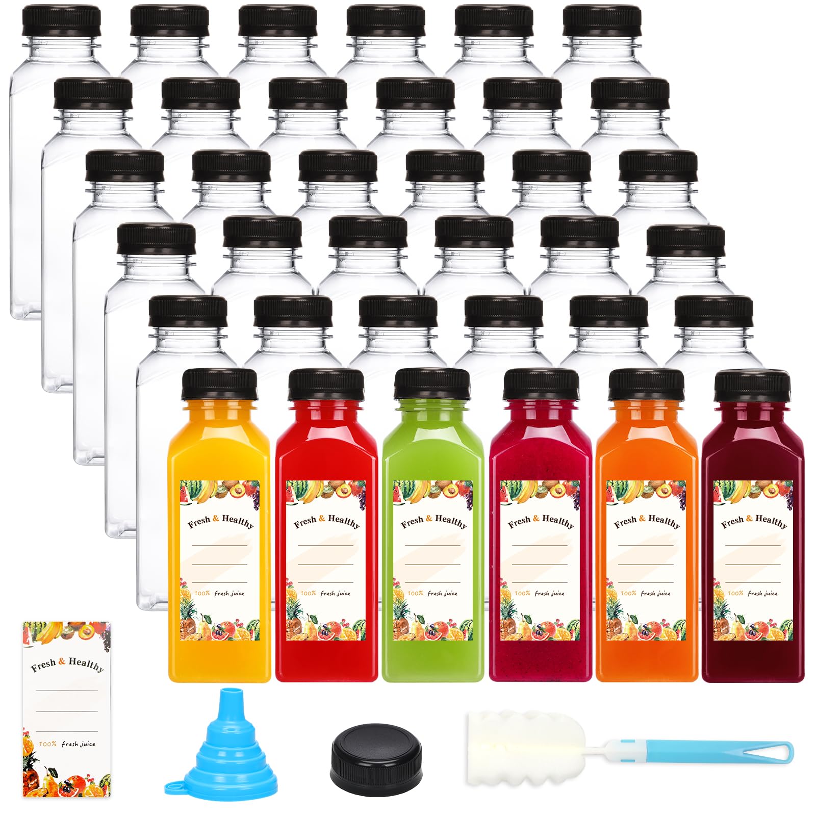 Moretoes 36-pack bottles with lids: clear, reusable containers for juices and smoothies.
