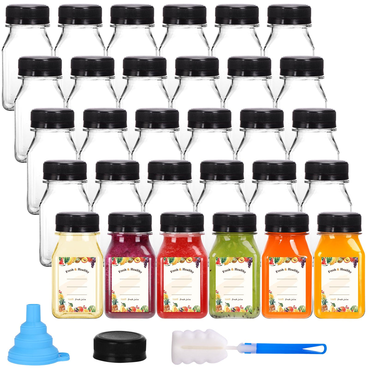 Moretoes 36pcs 4oz juice bottles with caps, ideal for portable beverages.