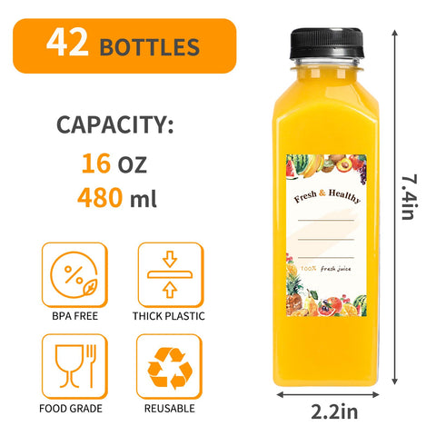 Moretoes clear 16oz plastic bottles show beverages with a lightweight, reusable feel.