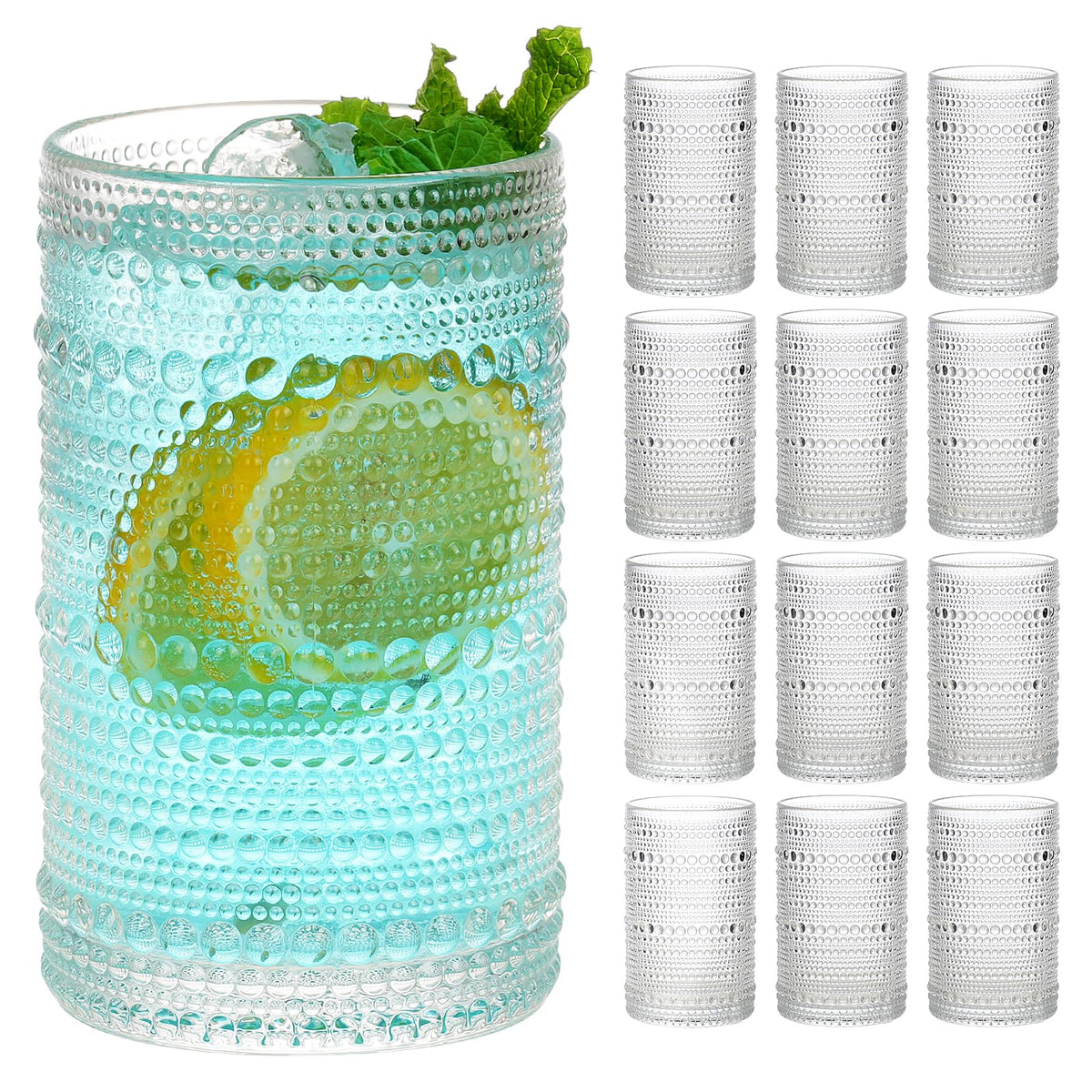 Moretoes hobnail glasses, clear highball set, 12 oz capacity for everyday pours.