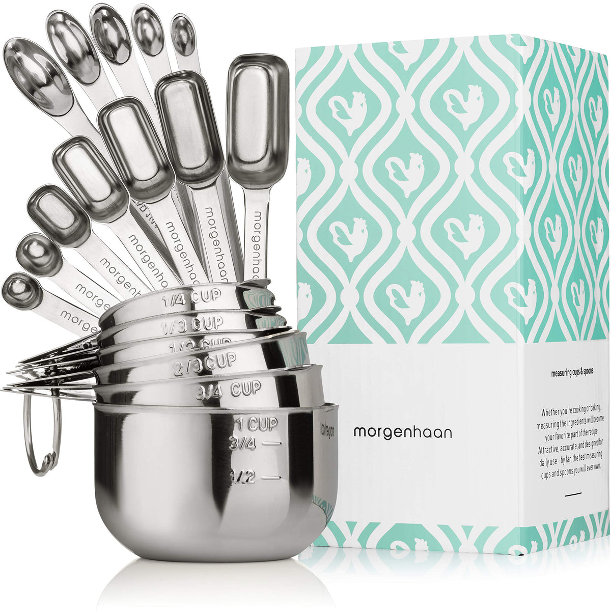 Morgenhaan heavy-duty measuring cup set in stackable design for space-saving kitchen organization.