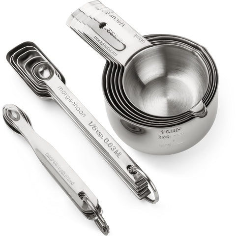 Morgenhaan long-narrow-spoons reaching into a spice jar for precise measurements.