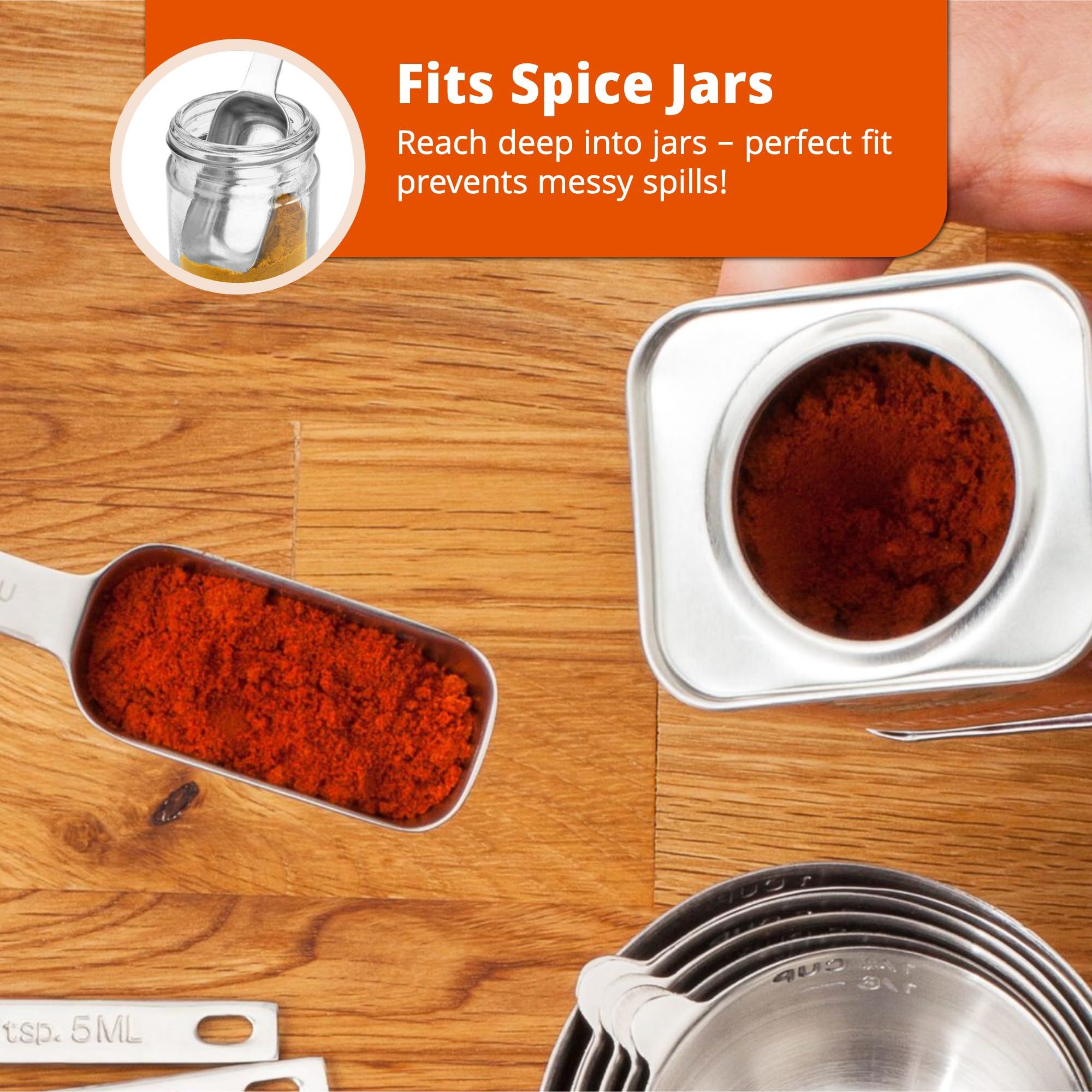 Morgenhaan flat-base spoons stay steady to prevent spills while measuring.