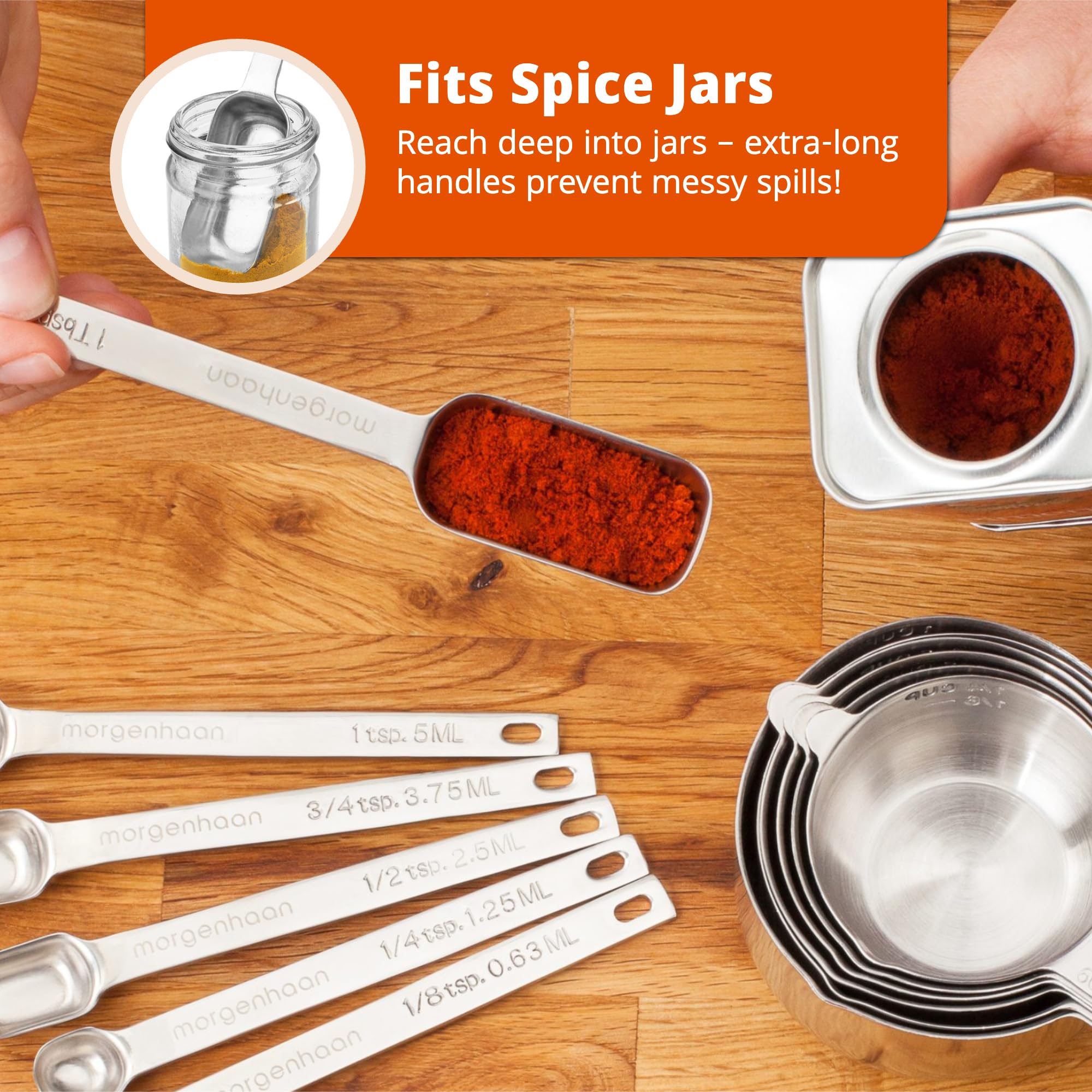 Morgenhaan nesting cups and spoons organized for compact drawer storage.