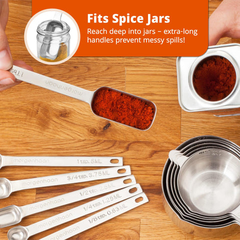 Morgenhaan nesting cups and spoons organized for compact drawer storage.