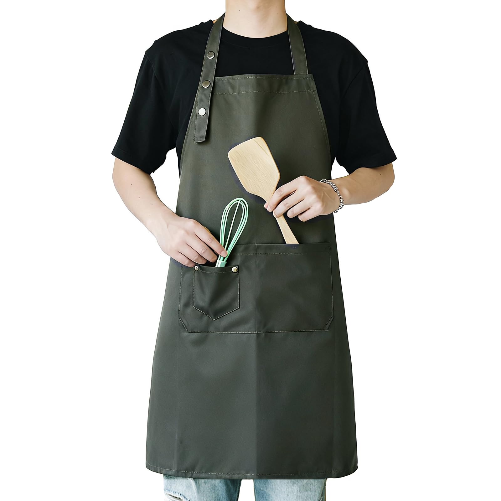 MORNITE sage green apron front view showing full coverage for studio painting