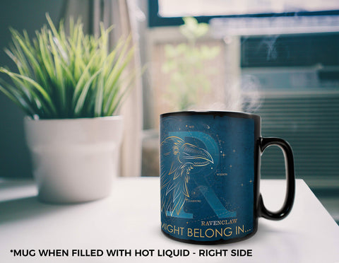 Morphing Mugs heat-activated reveal shows Ravenclaw crest and initial when hot liquid is poured.