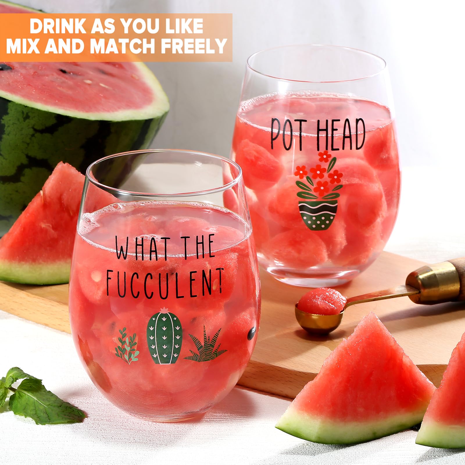 Cartoon plant illustrations on MortyGrove glasses brighten garden parties and brunches.