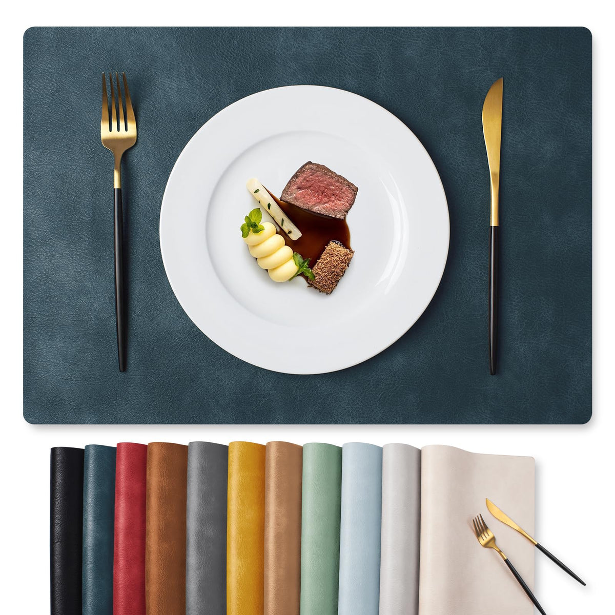 MOSAYT navy blue vinyl placemats protecting table from heat and spills.
