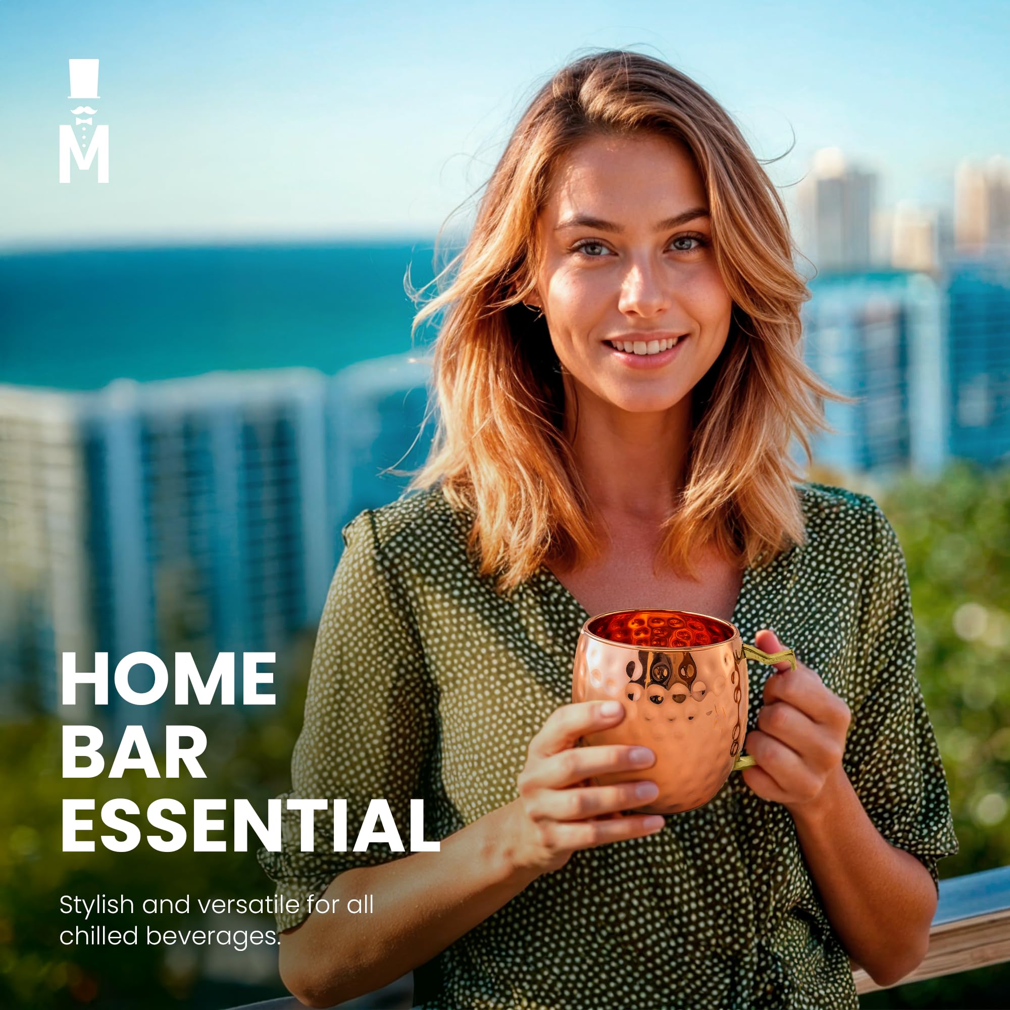 Moscow-Mix pure copper 16oz mug front view, keeps drinks cold with excellent conductivity.
