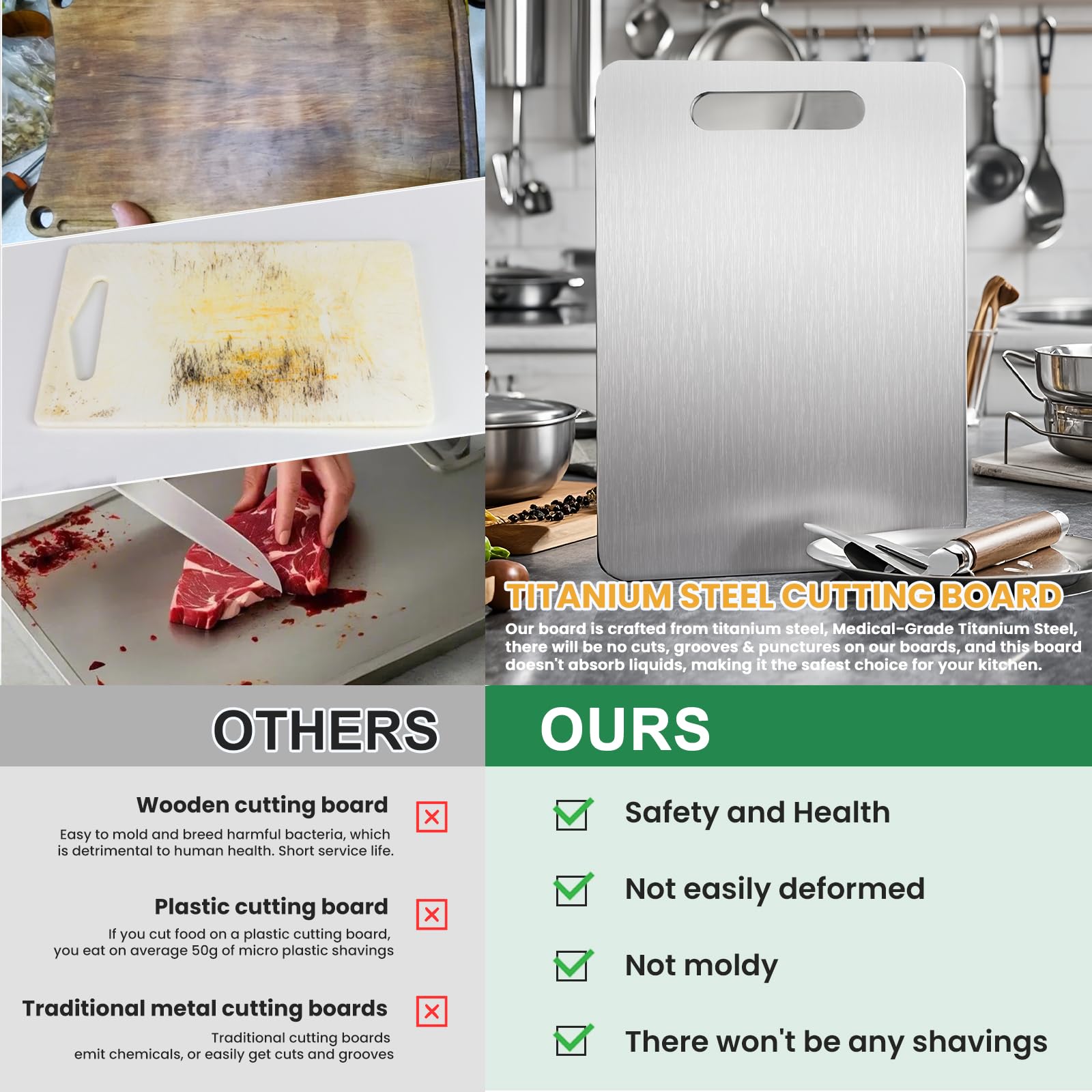 MOSDOOK titanium cutting board dishwasher-safe and non-porous for hygienic prep.