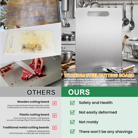 MOSDOOK titanium cutting board dishwasher-safe and non-porous for hygienic prep.