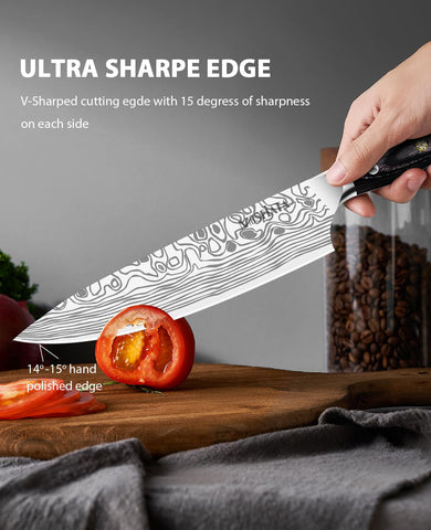 MOSFiATA 8-inch knife edge sharpened to 16° for precise slicing.