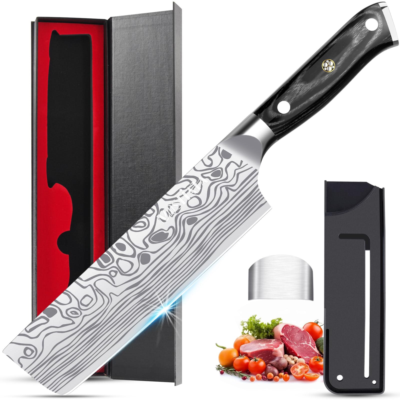 MOSFiATA Nakiri 7-inch blade for precise chopping and clean vegetable slices.